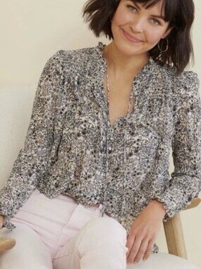 Free People Floral Lela Smock Long Sleeve Blouse in Blue, Purple, & Green-Sz S